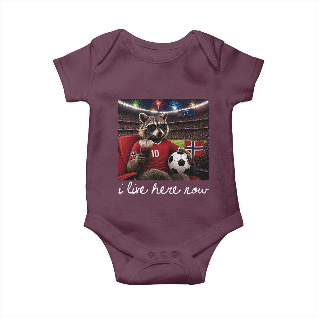 Norway Soccer Football Fan Norge Norwegian Flag Baby Onesie Funny Raccoon Drinking Iced Coffee