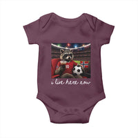 Norway Soccer Football Fan Norge Norwegian Flag Baby Onesie Funny Raccoon Drinking Iced Coffee