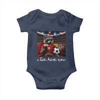 Norway Soccer Football Fan Norge Norwegian Flag Baby Onesie Funny Raccoon Drinking Iced Coffee