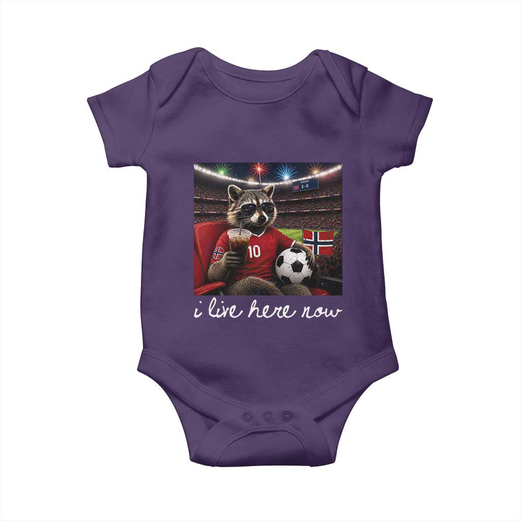 Norway Soccer Football Fan Norge Norwegian Flag Baby Onesie Funny Raccoon Drinking Iced Coffee
