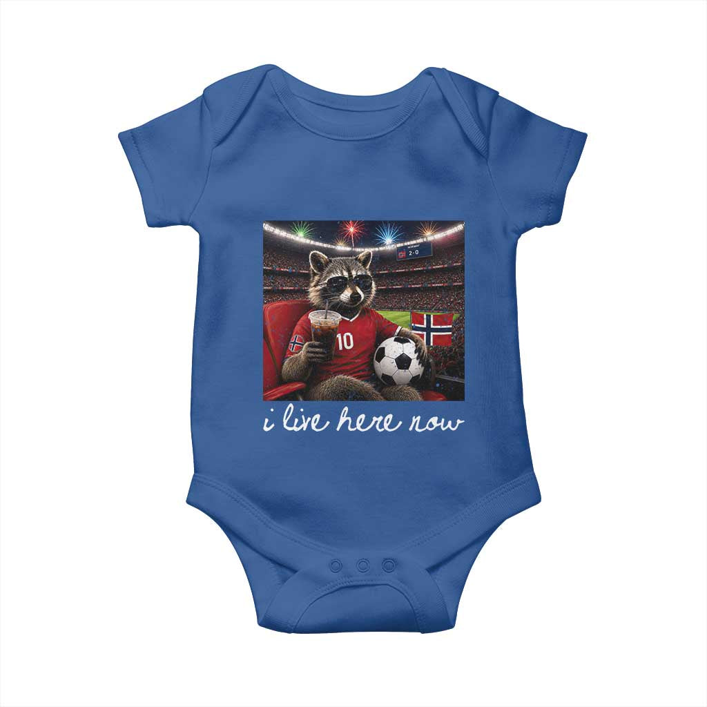 Norway Soccer Football Fan Norge Norwegian Flag Baby Onesie Funny Raccoon Drinking Iced Coffee
