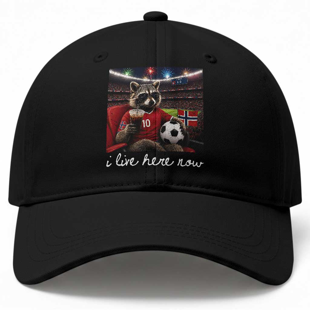 Norway Soccer Football Fan Norge Norwegian Flag Baseball Cap Funny Raccoon Drinking Iced Coffee
