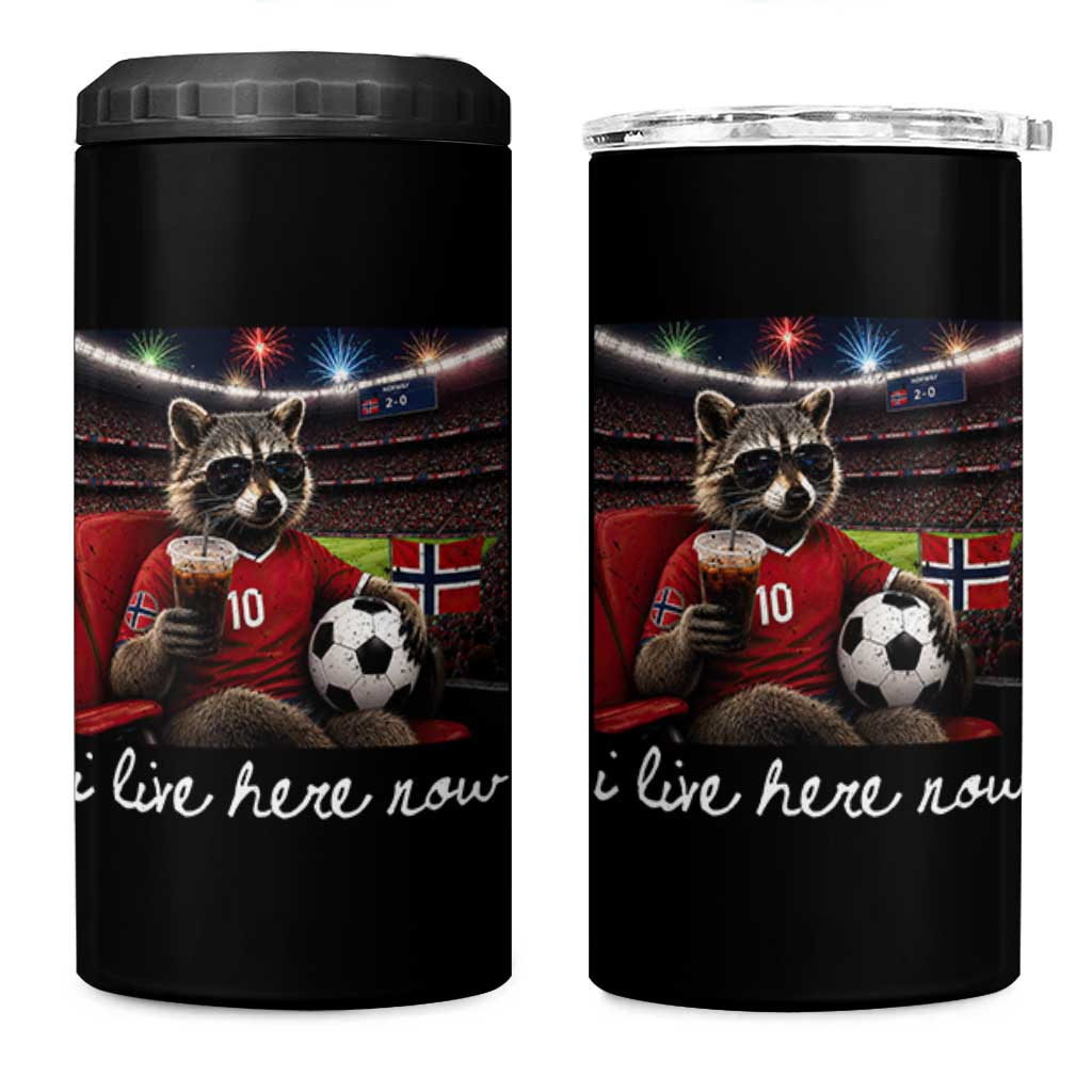 Norway Soccer Football Fan Norge Norwegian Flag 4 in 1 Can Cooler Tumbler Funny Raccoon Drinking Iced Coffee