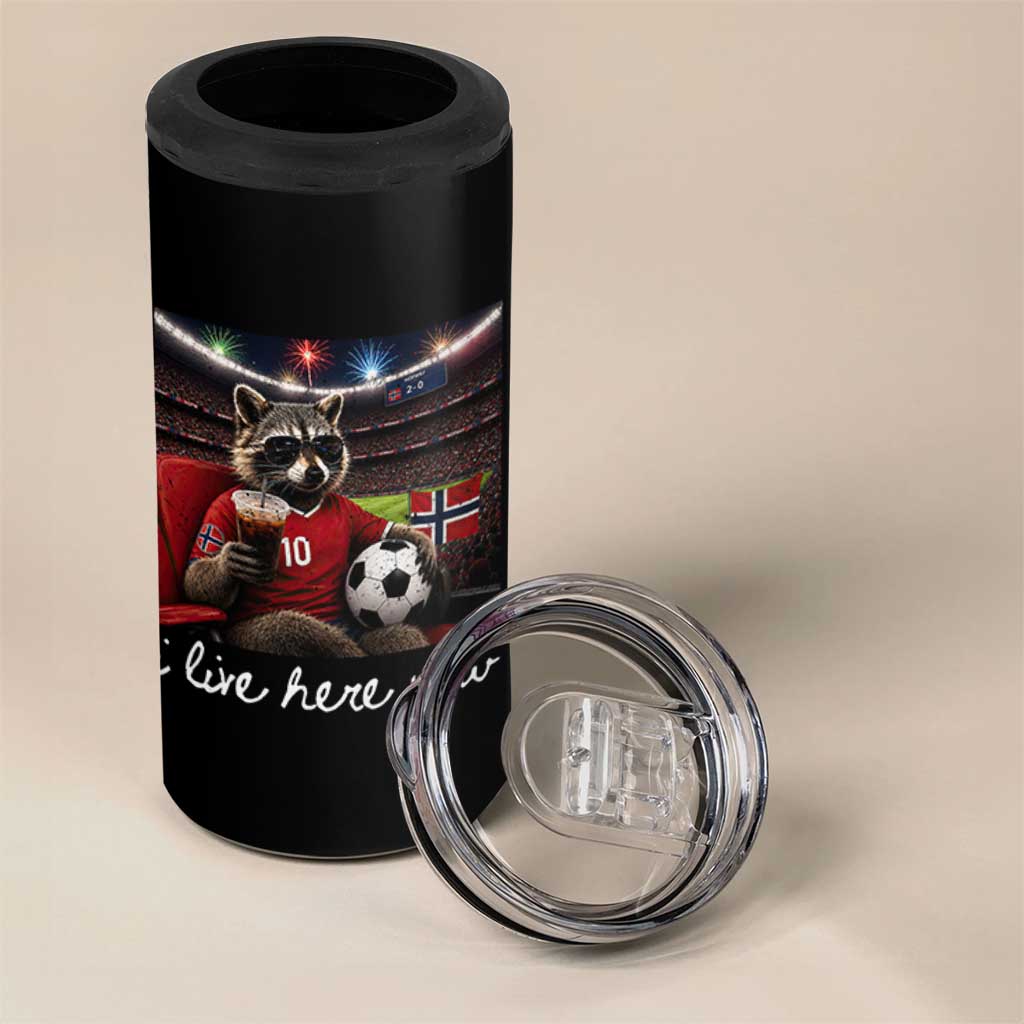 Norway Soccer Football Fan Norge Norwegian Flag 4 in 1 Can Cooler Tumbler Funny Raccoon Drinking Iced Coffee