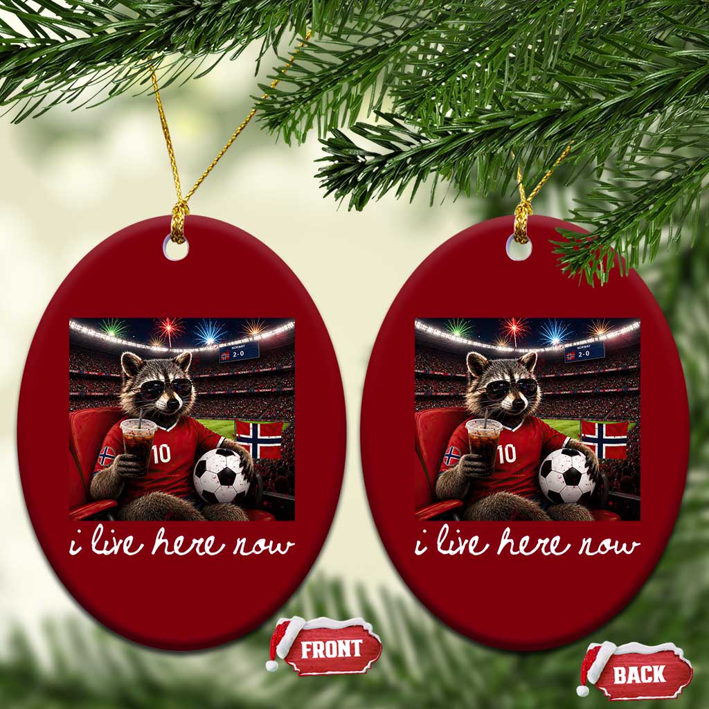 Norway Soccer Football Fan Norge Norwegian Flag Ceramic Ornament Funny Raccoon Drinking Iced Coffee