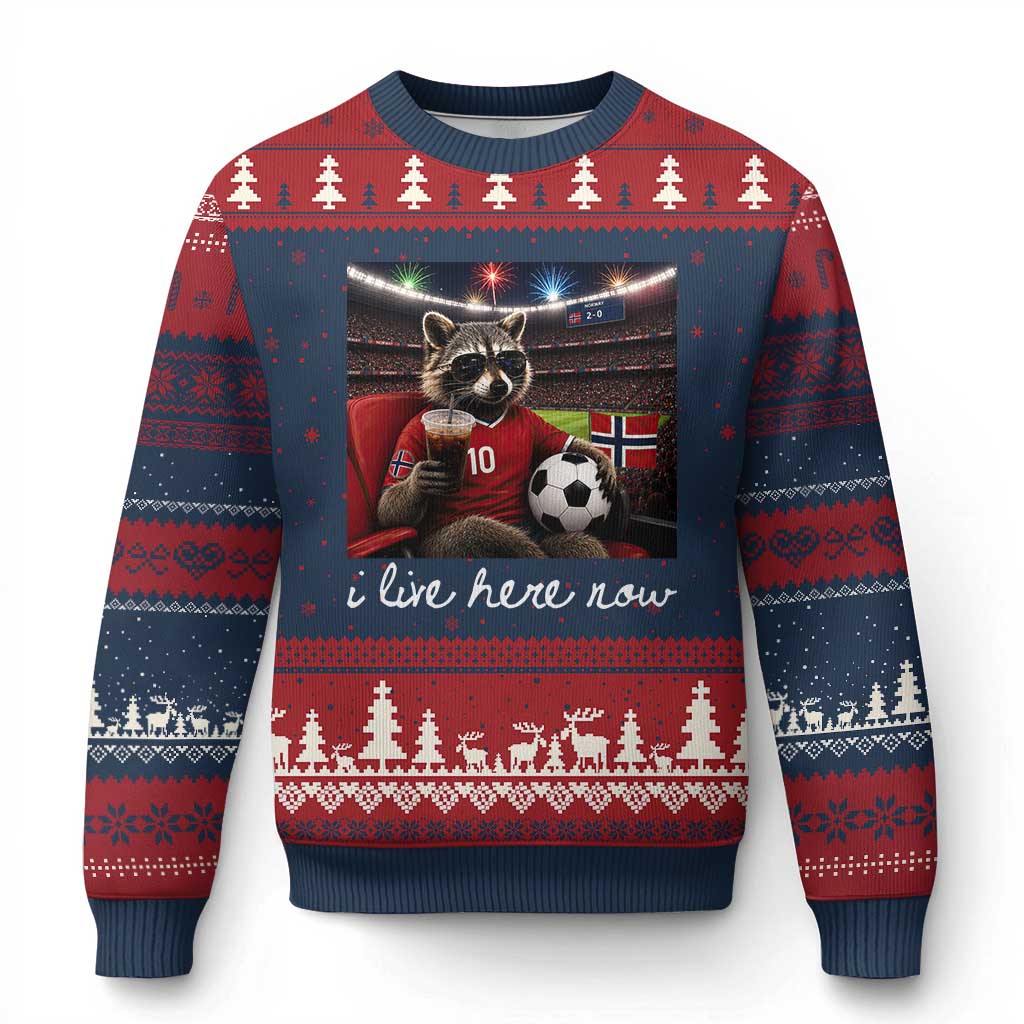 Norway Soccer Football Fan Norge Norwegian Flag Ugly Christmas Sweater Funny Raccoon Drinking Iced Coffee