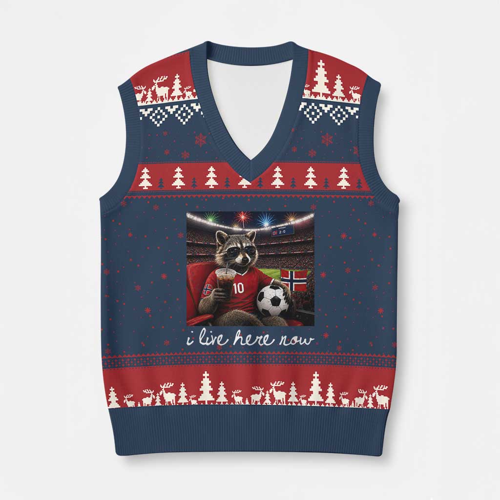 Norway Soccer Football Fan Norge Norwegian Flag V-Neck Knit Sweater Vest Funny Raccoon Drinking Iced Coffee