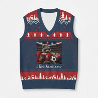 Norway Soccer Football Fan Norge Norwegian Flag V-Neck Knit Sweater Vest Funny Raccoon Drinking Iced Coffee