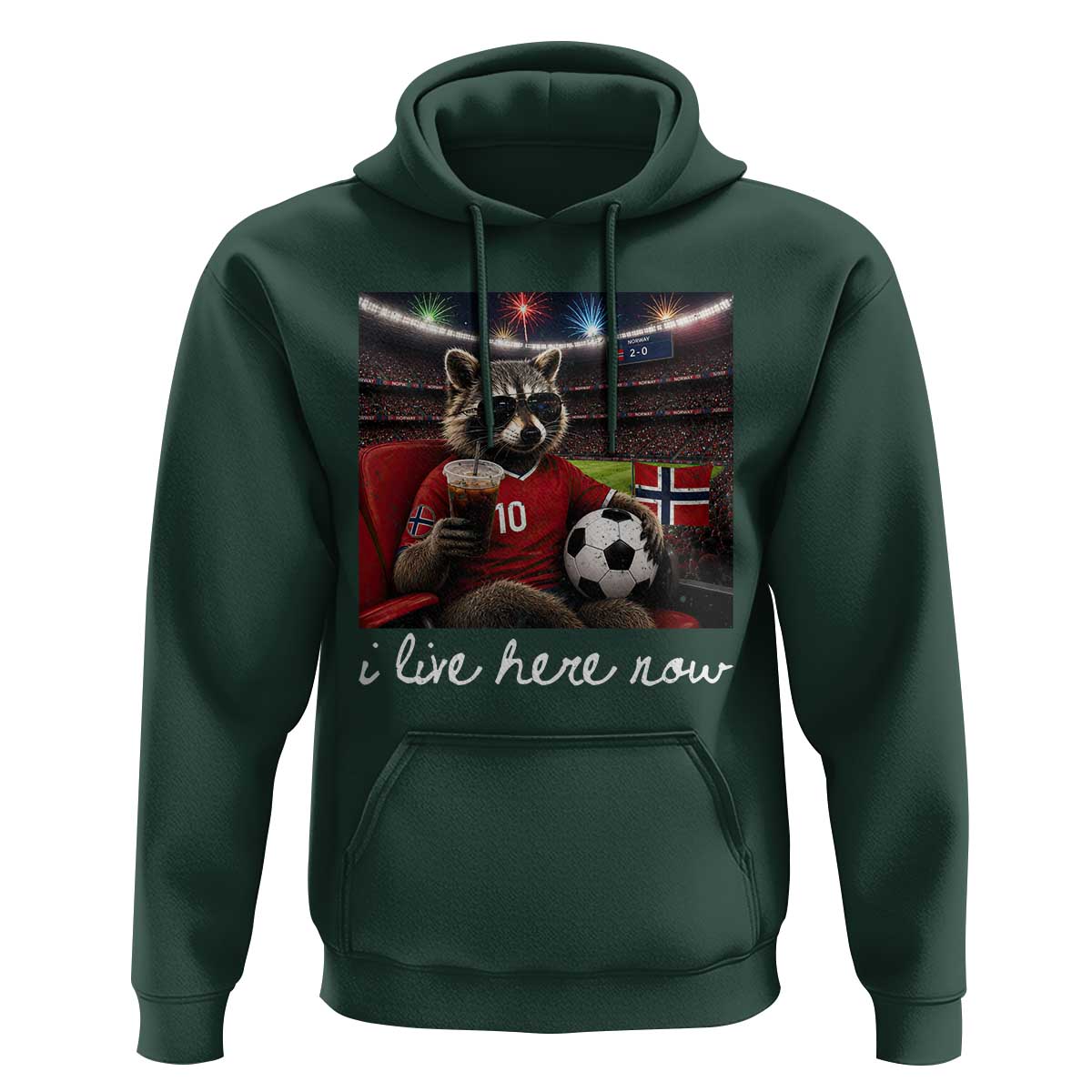 Norway Soccer Football Fan Norge Norwegian Flag Hoodie Funny Raccoon Drinking Iced Coffee