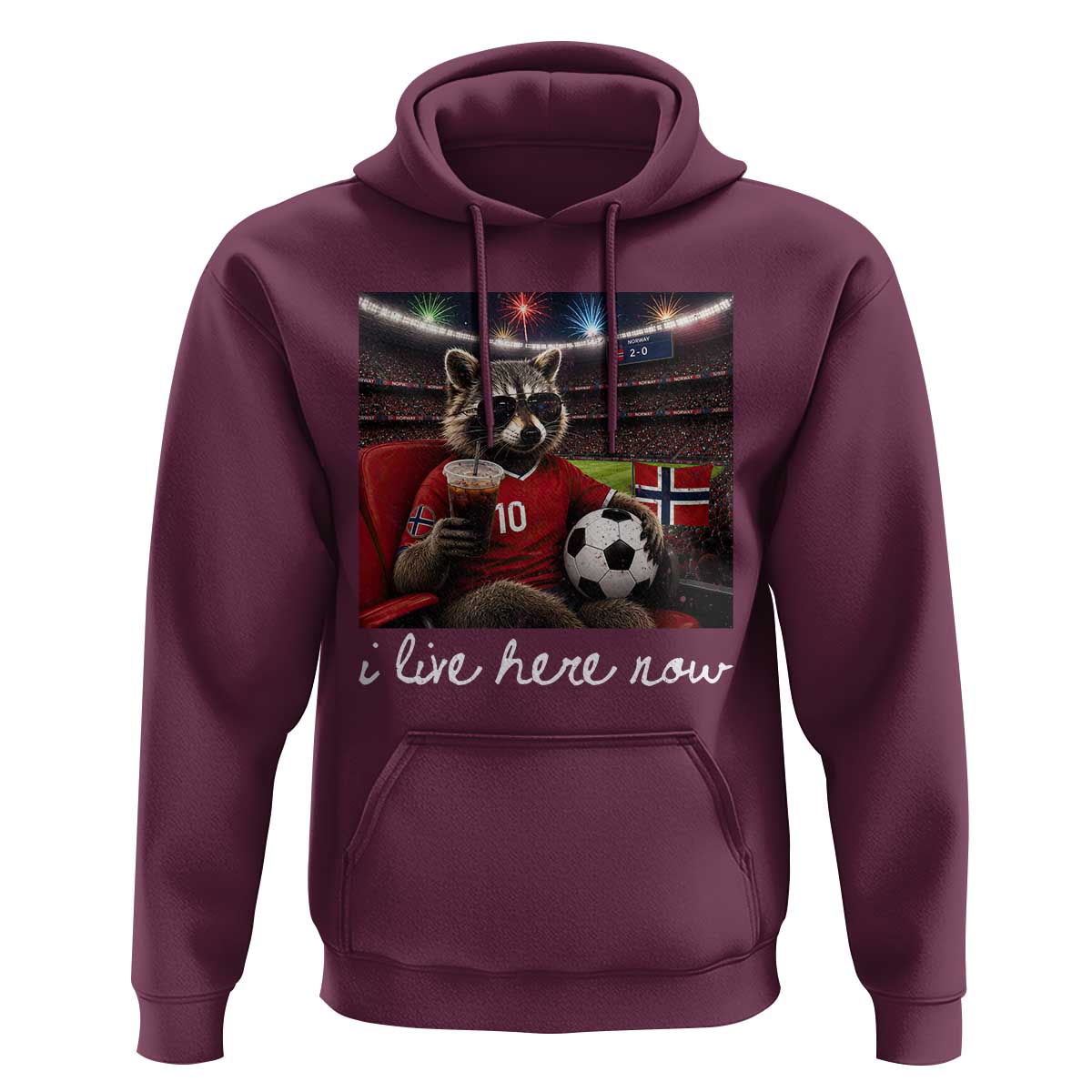 Norway Soccer Football Fan Norge Norwegian Flag Hoodie Funny Raccoon Drinking Iced Coffee