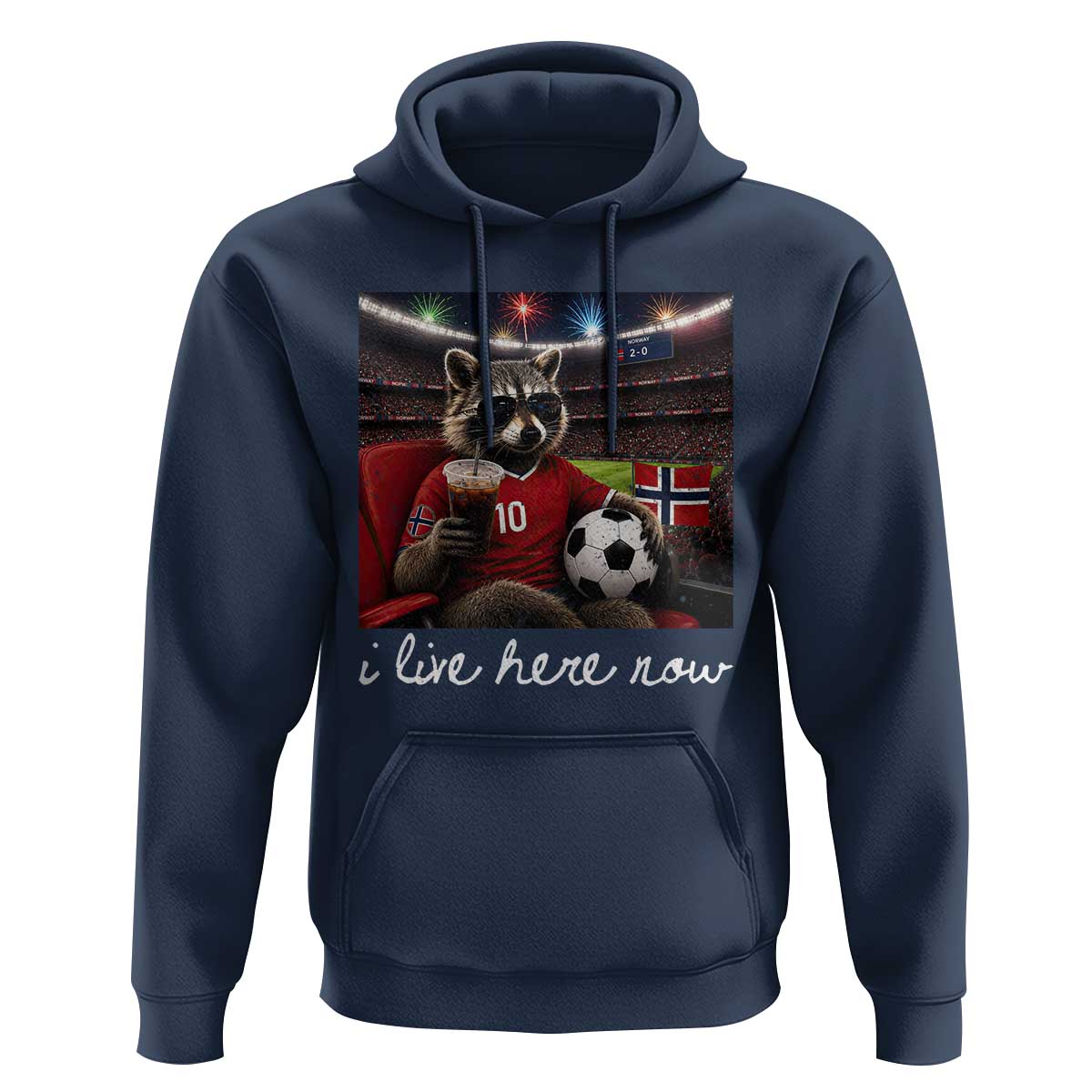 Norway Soccer Football Fan Norge Norwegian Flag Hoodie Funny Raccoon Drinking Iced Coffee