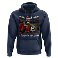 Norway Soccer Football Fan Norge Norwegian Flag Hoodie Funny Raccoon Drinking Iced Coffee