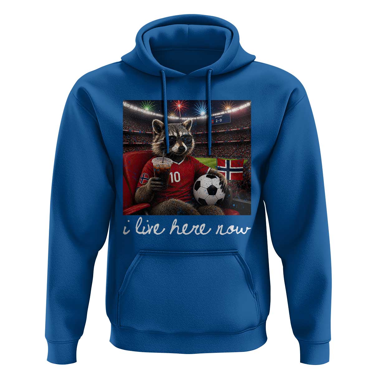 Norway Soccer Football Fan Norge Norwegian Flag Hoodie Funny Raccoon Drinking Iced Coffee