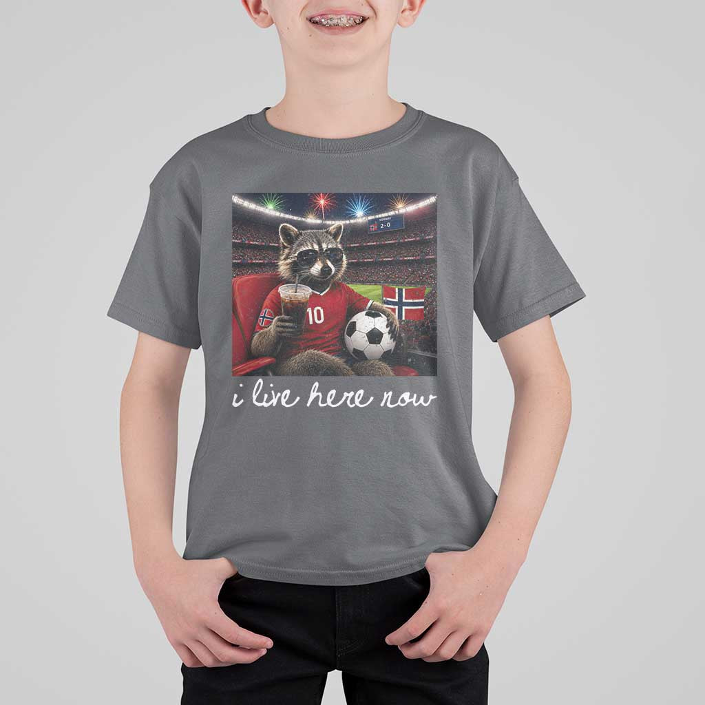 Norway Soccer Football Fan Norge Norwegian Flag T Shirt For Kid Funny Raccoon Drinking Iced Coffee