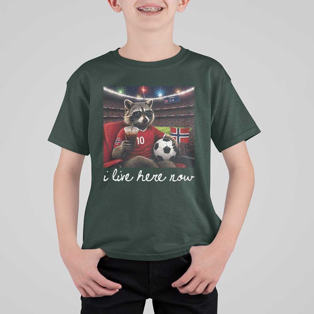 Norway Soccer Football Fan Norge Norwegian Flag T Shirt For Kid Funny Raccoon Drinking Iced Coffee