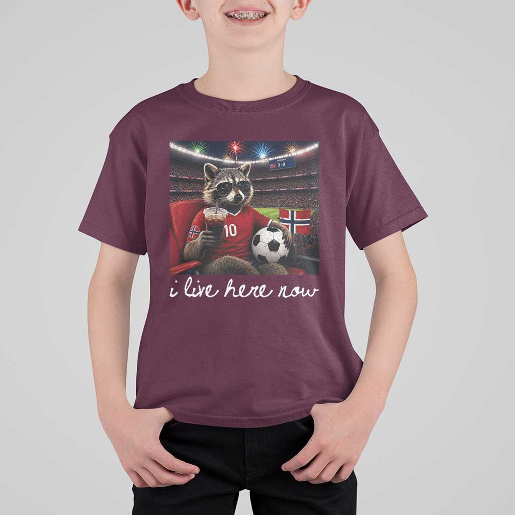 Norway Soccer Football Fan Norge Norwegian Flag T Shirt For Kid Funny Raccoon Drinking Iced Coffee