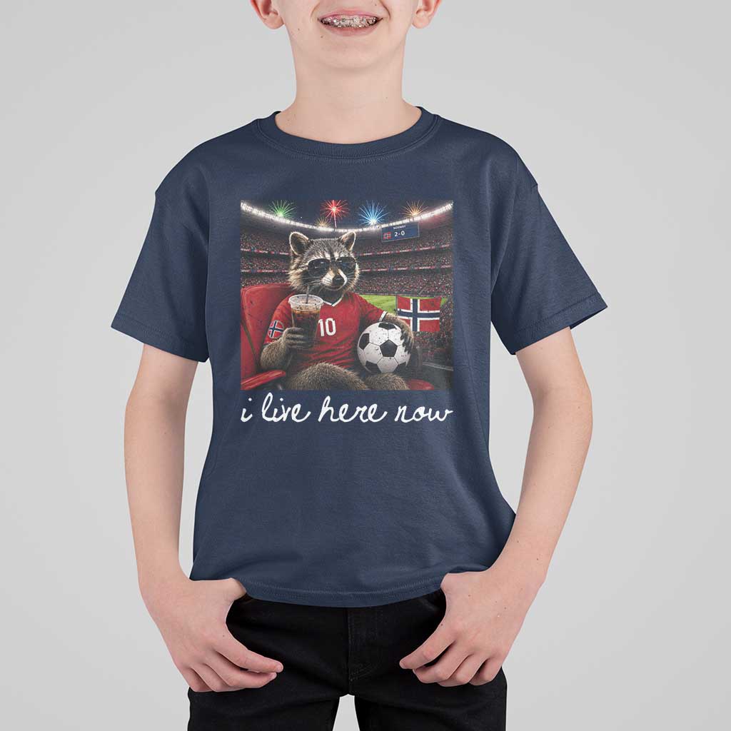 Norway Soccer Football Fan Norge Norwegian Flag T Shirt For Kid Funny Raccoon Drinking Iced Coffee