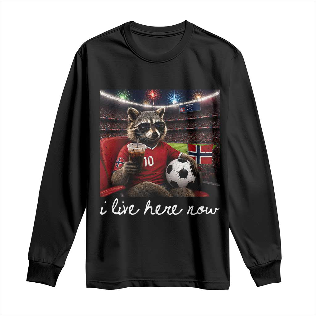 Norway Soccer Football Fan Norge Norwegian Flag Long Sleeve Shirt Funny Raccoon Drinking Iced Coffee