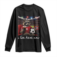 Norway Soccer Football Fan Norge Norwegian Flag Long Sleeve Shirt Funny Raccoon Drinking Iced Coffee