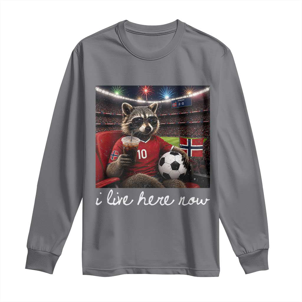 Norway Soccer Football Fan Norge Norwegian Flag Long Sleeve Shirt Funny Raccoon Drinking Iced Coffee