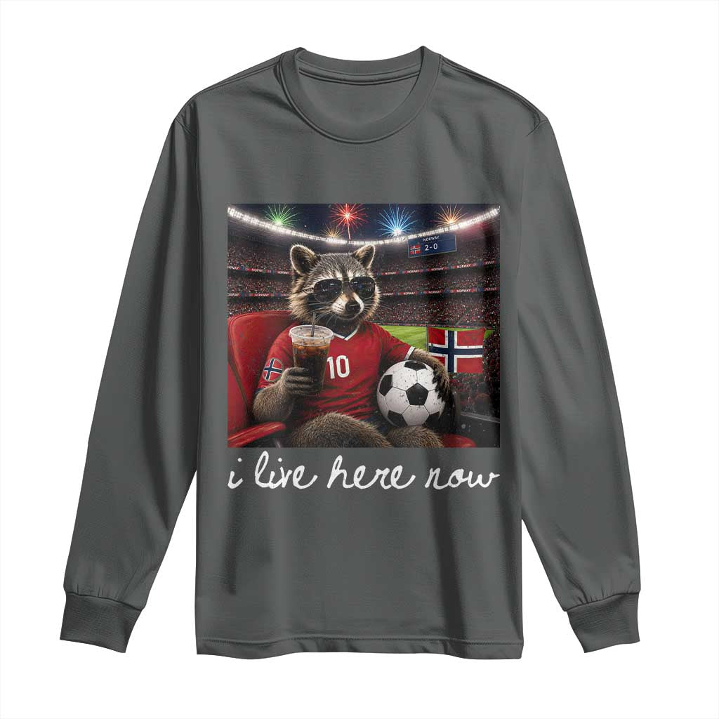 Norway Soccer Football Fan Norge Norwegian Flag Long Sleeve Shirt Funny Raccoon Drinking Iced Coffee