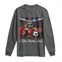 Norway Soccer Football Fan Norge Norwegian Flag Long Sleeve Shirt Funny Raccoon Drinking Iced Coffee