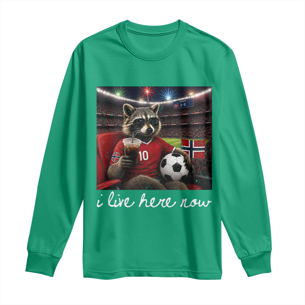 Norway Soccer Football Fan Norge Norwegian Flag Long Sleeve Shirt Funny Raccoon Drinking Iced Coffee