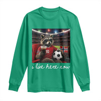 Norway Soccer Football Fan Norge Norwegian Flag Long Sleeve Shirt Funny Raccoon Drinking Iced Coffee