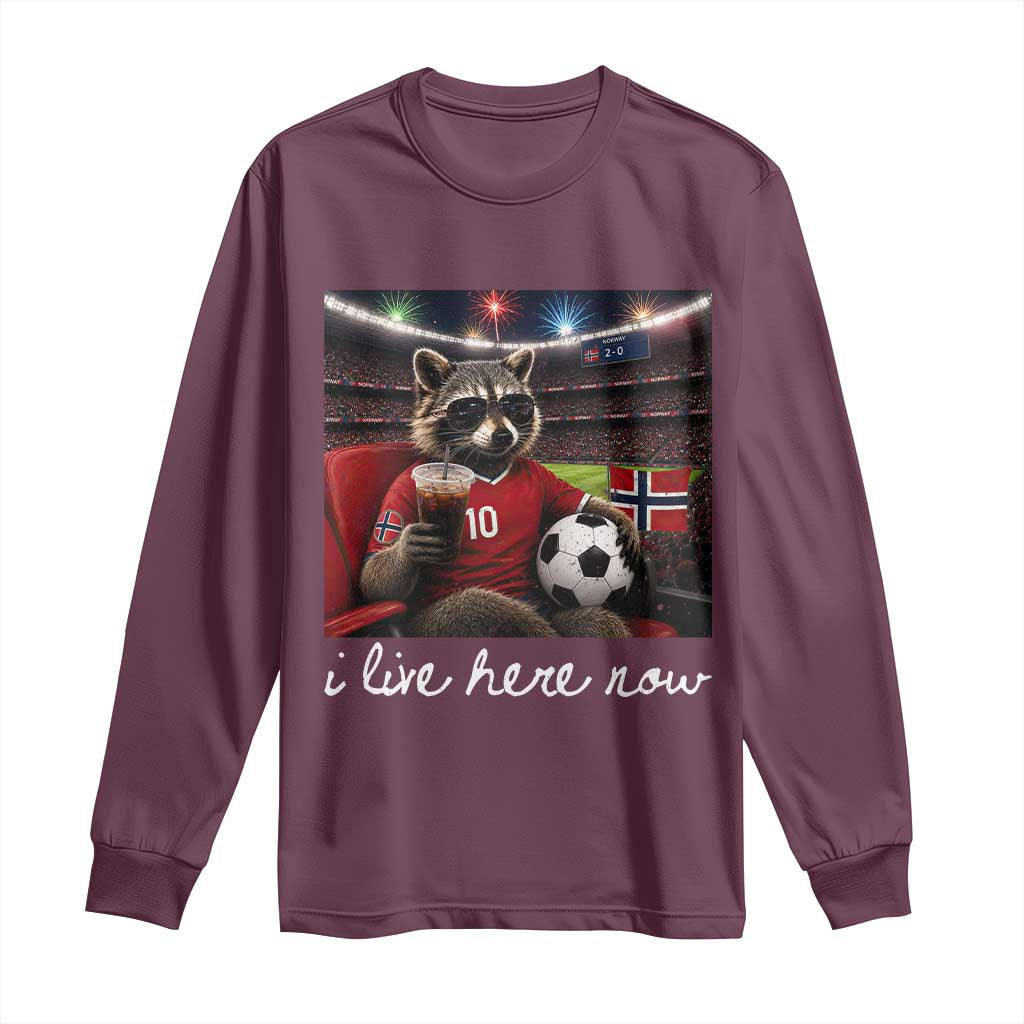 Norway Soccer Football Fan Norge Norwegian Flag Long Sleeve Shirt Funny Raccoon Drinking Iced Coffee