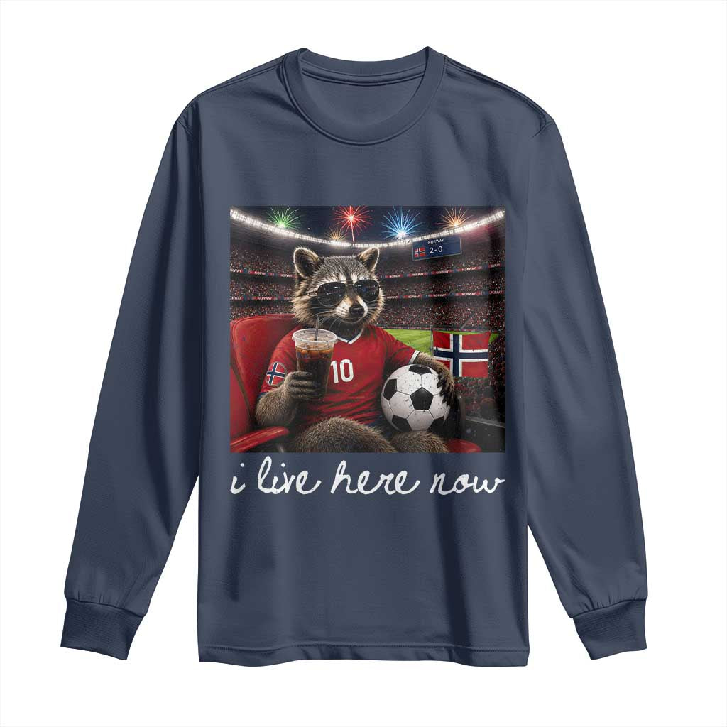 Norway Soccer Football Fan Norge Norwegian Flag Long Sleeve Shirt Funny Raccoon Drinking Iced Coffee
