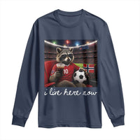 Norway Soccer Football Fan Norge Norwegian Flag Long Sleeve Shirt Funny Raccoon Drinking Iced Coffee