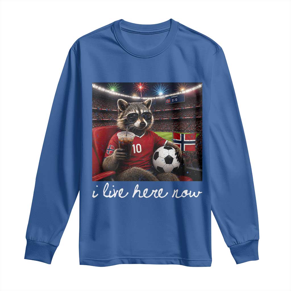 Norway Soccer Football Fan Norge Norwegian Flag Long Sleeve Shirt Funny Raccoon Drinking Iced Coffee