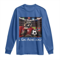Norway Soccer Football Fan Norge Norwegian Flag Long Sleeve Shirt Funny Raccoon Drinking Iced Coffee