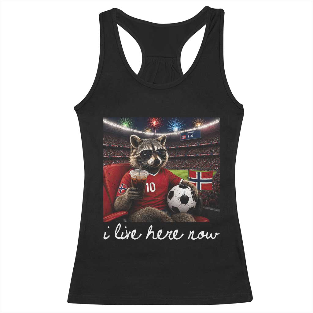 Norway Soccer Football Fan Norge Norwegian Flag Racerback Tank Top Funny Raccoon Drinking Iced Coffee