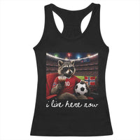 Norway Soccer Football Fan Norge Norwegian Flag Racerback Tank Top Funny Raccoon Drinking Iced Coffee