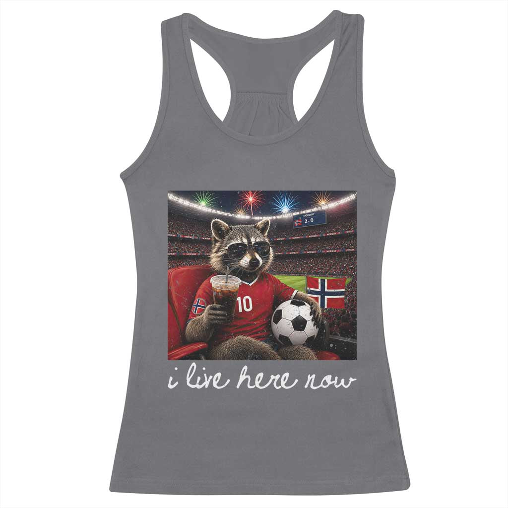Norway Soccer Football Fan Norge Norwegian Flag Racerback Tank Top Funny Raccoon Drinking Iced Coffee