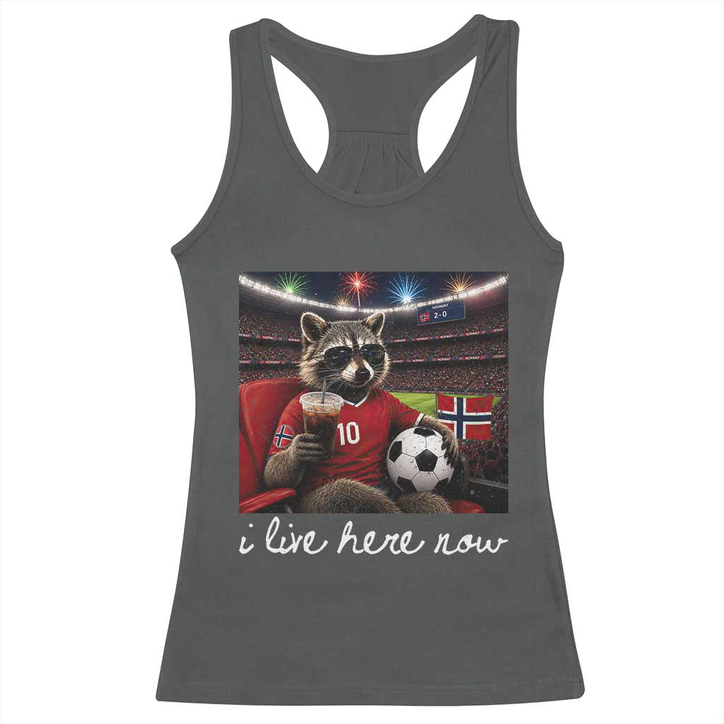 Norway Soccer Football Fan Norge Norwegian Flag Racerback Tank Top Funny Raccoon Drinking Iced Coffee