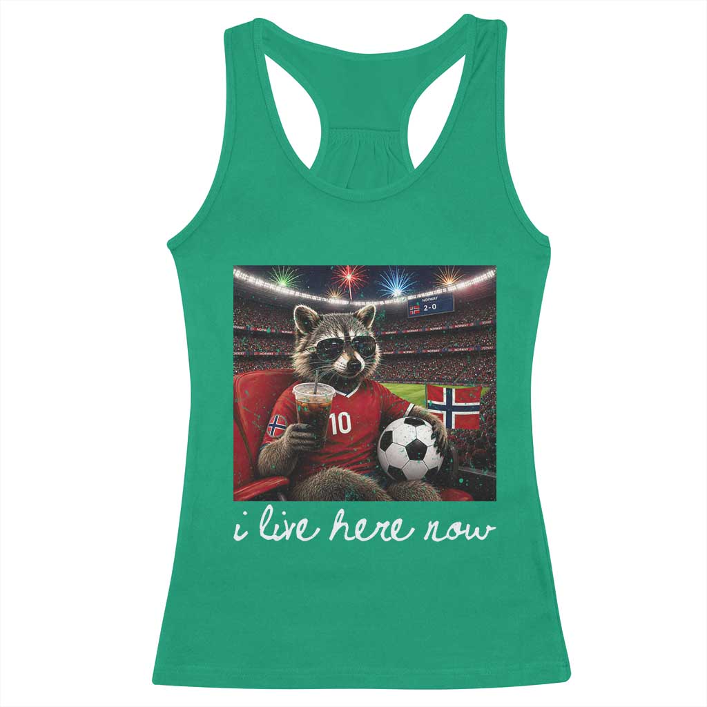 Norway Soccer Football Fan Norge Norwegian Flag Racerback Tank Top Funny Raccoon Drinking Iced Coffee
