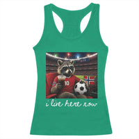 Norway Soccer Football Fan Norge Norwegian Flag Racerback Tank Top Funny Raccoon Drinking Iced Coffee