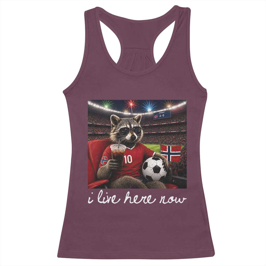 Norway Soccer Football Fan Norge Norwegian Flag Racerback Tank Top Funny Raccoon Drinking Iced Coffee