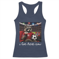 Norway Soccer Football Fan Norge Norwegian Flag Racerback Tank Top Funny Raccoon Drinking Iced Coffee