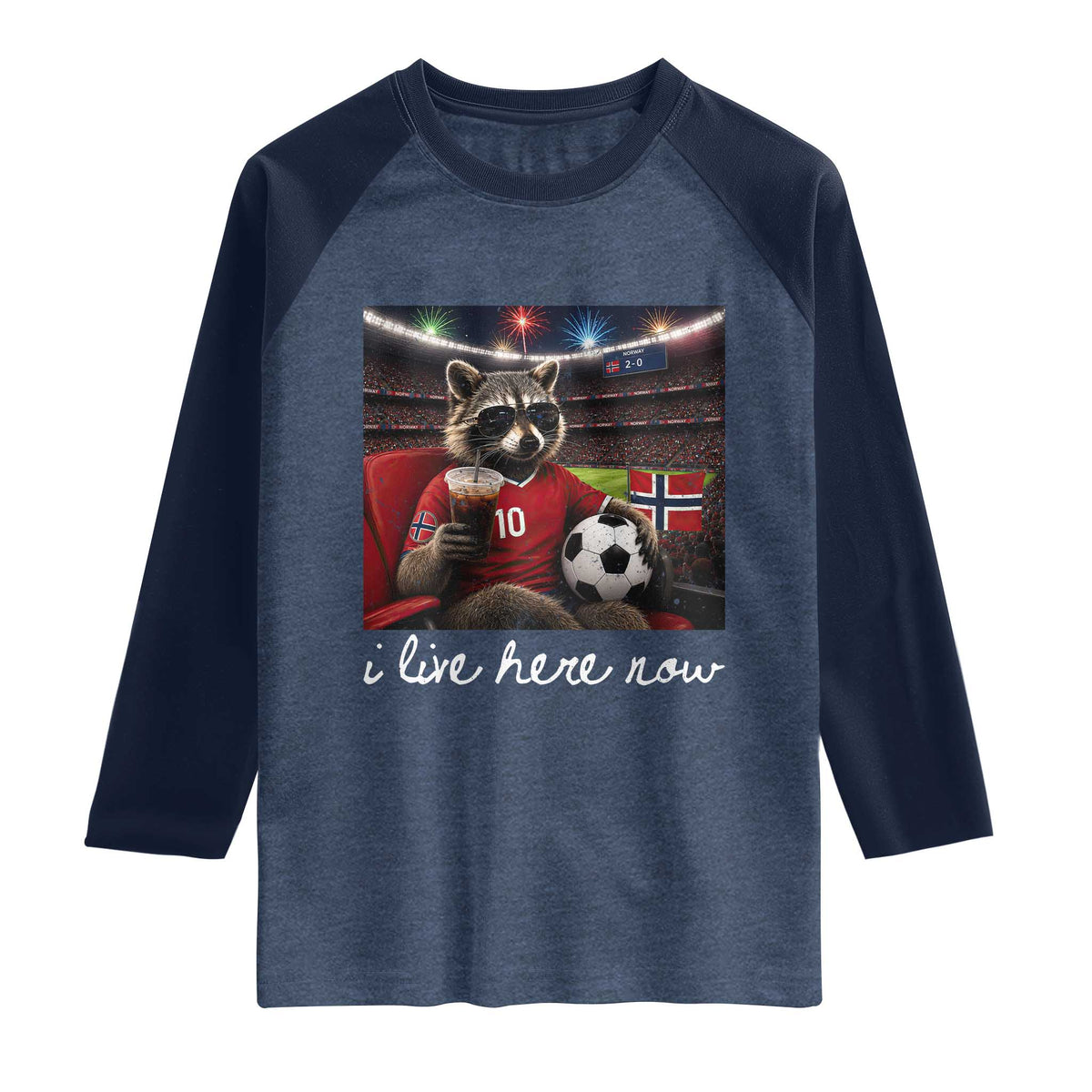 Norway Soccer Football Fan Norge Norwegian Flag Raglan Shirt Funny Raccoon Drinking Iced Coffee