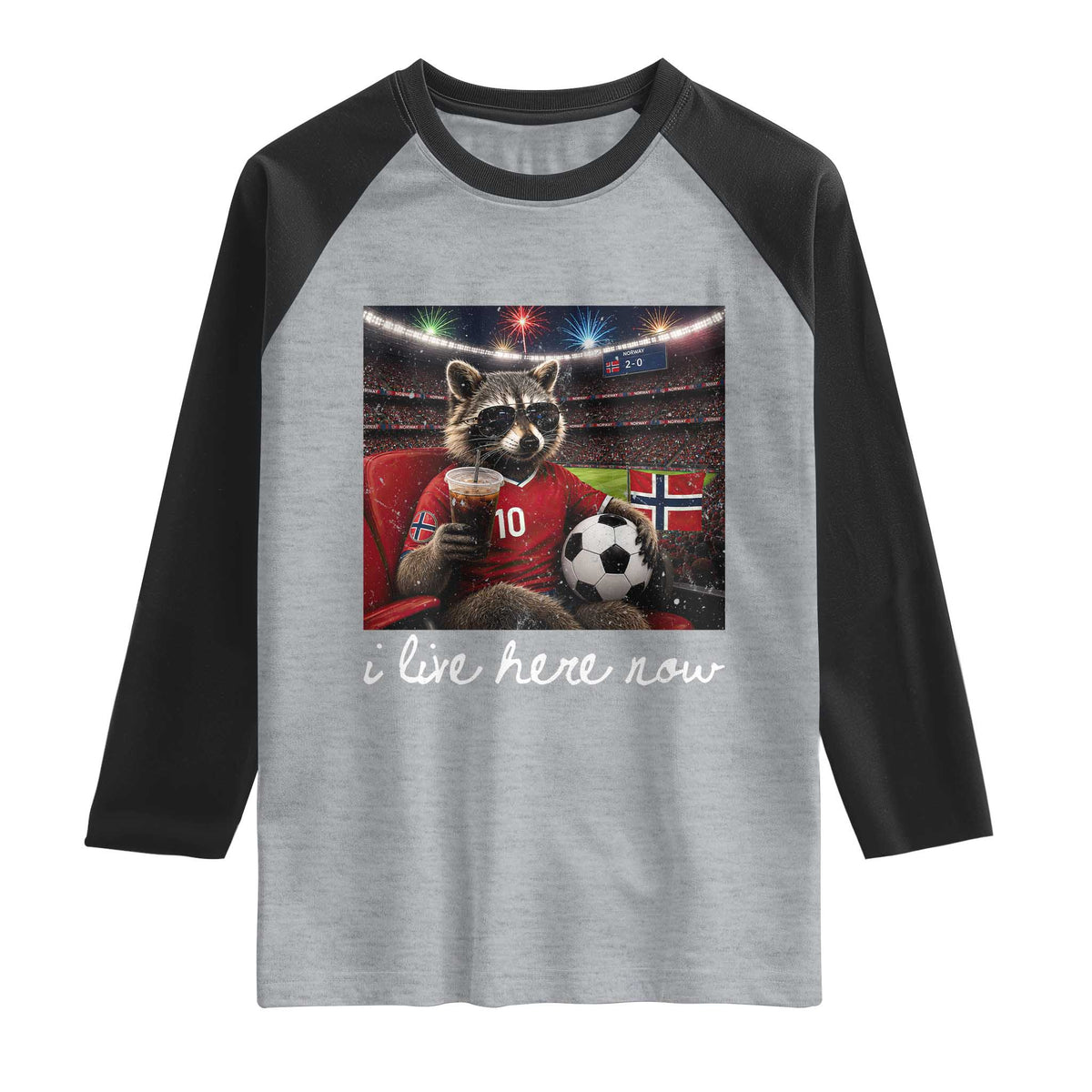 Norway Soccer Football Fan Norge Norwegian Flag Raglan Shirt Funny Raccoon Drinking Iced Coffee