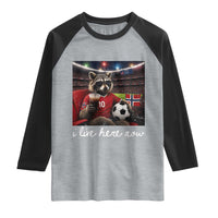 Norway Soccer Football Fan Norge Norwegian Flag Raglan Shirt Funny Raccoon Drinking Iced Coffee