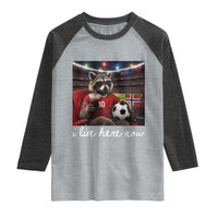 Norway Soccer Football Fan Norge Norwegian Flag Raglan Shirt Funny Raccoon Drinking Iced Coffee
