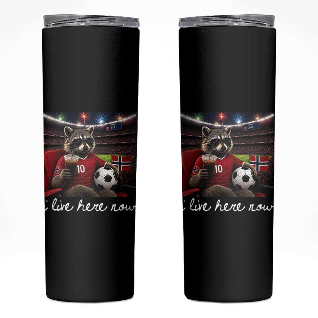 Norway Soccer Football Fan Norge Norwegian Flag Skinny Tumbler Funny Raccoon Drinking Iced Coffee