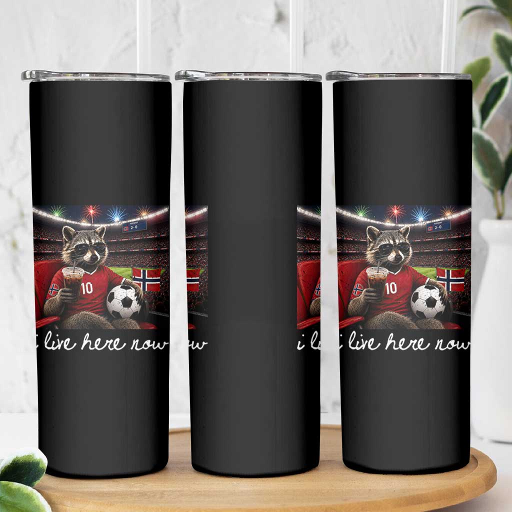 Norway Soccer Football Fan Norge Norwegian Flag Skinny Tumbler Funny Raccoon Drinking Iced Coffee