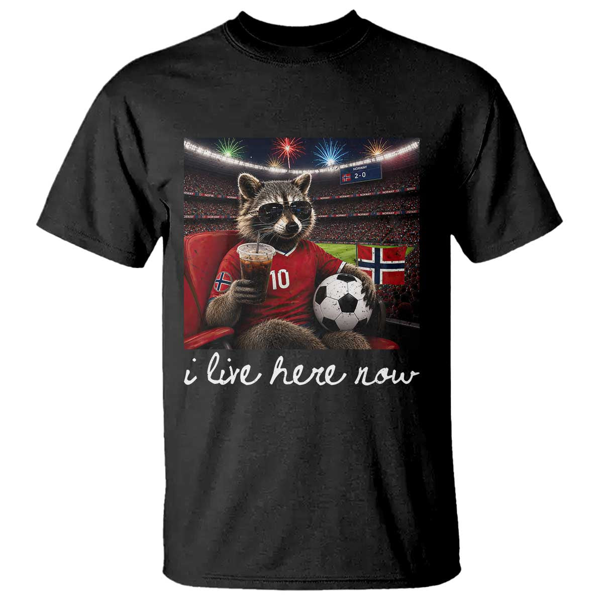Norway Soccer Football Fan Norge Norwegian Flag T Shirt Funny Raccoon Drinking Iced Coffee