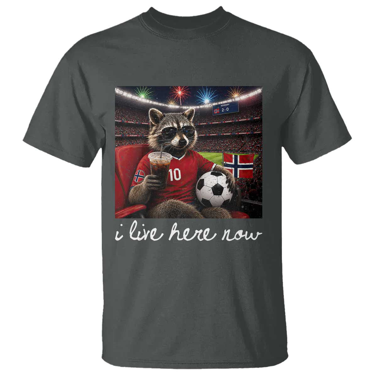 Norway Soccer Football Fan Norge Norwegian Flag T Shirt Funny Raccoon Drinking Iced Coffee