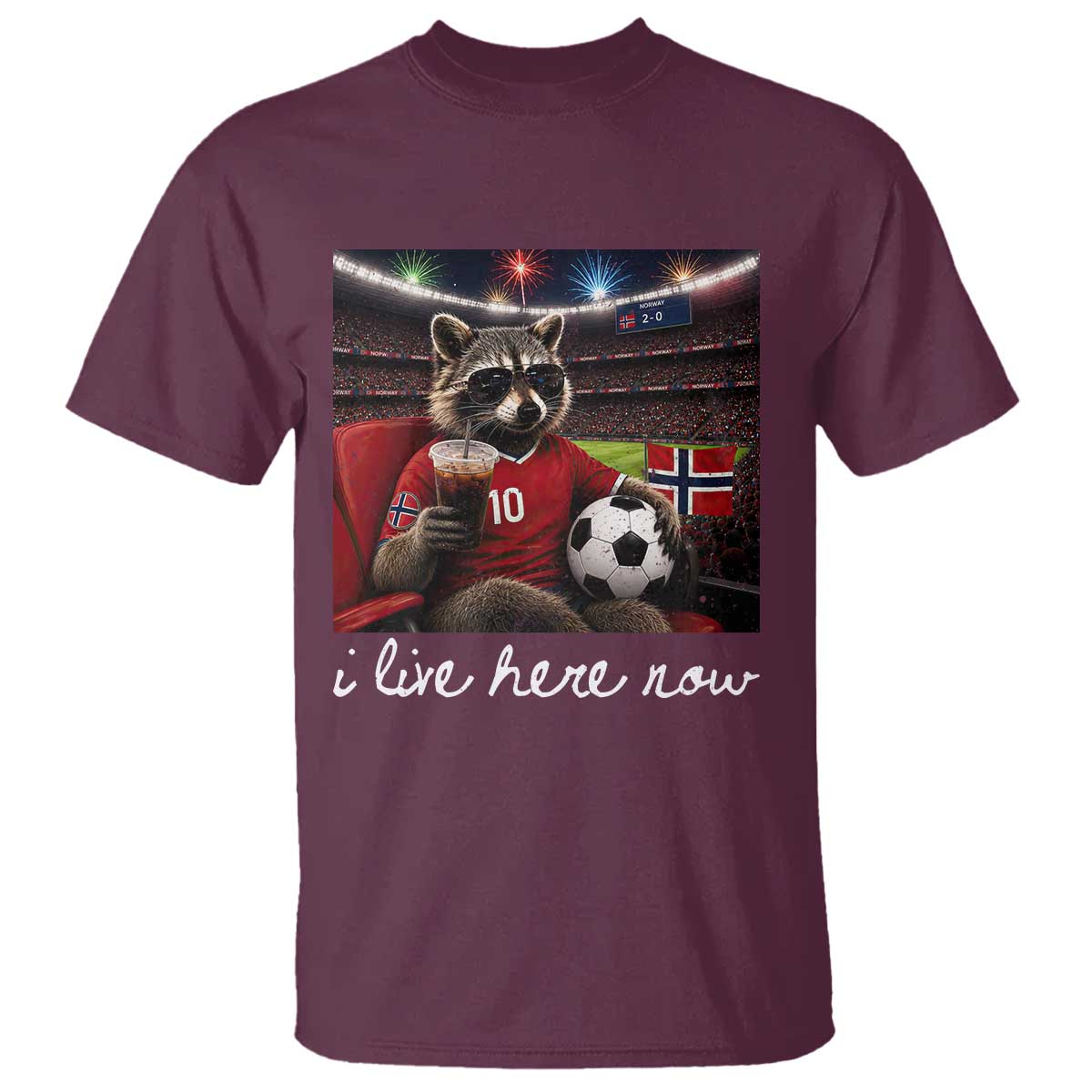 Norway Soccer Football Fan Norge Norwegian Flag T Shirt Funny Raccoon Drinking Iced Coffee